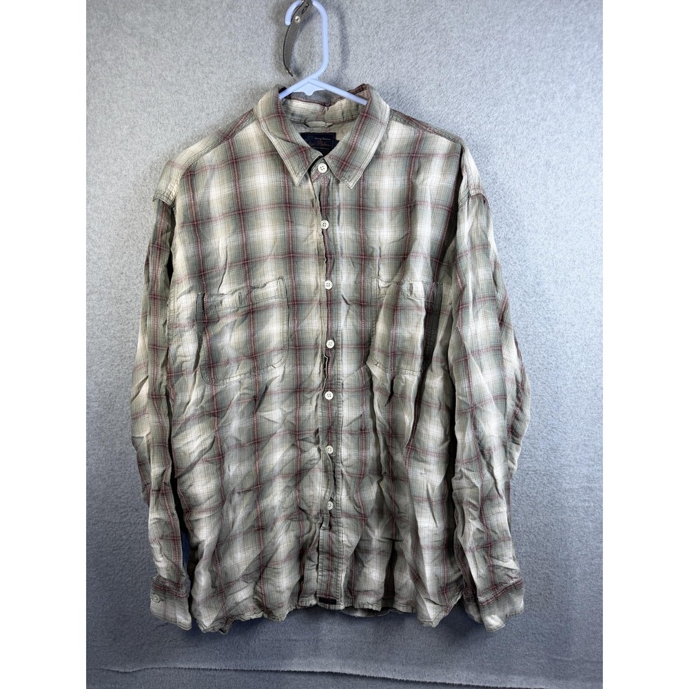 Tommy Bahama Indigo Palms Shirt Mens Large Green Plaid Button Up Long Sleeve